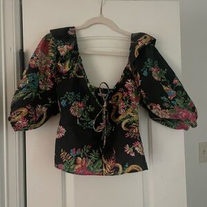 MOTHER Black Floral Puff-Sleeve Tie-Front Crop Top